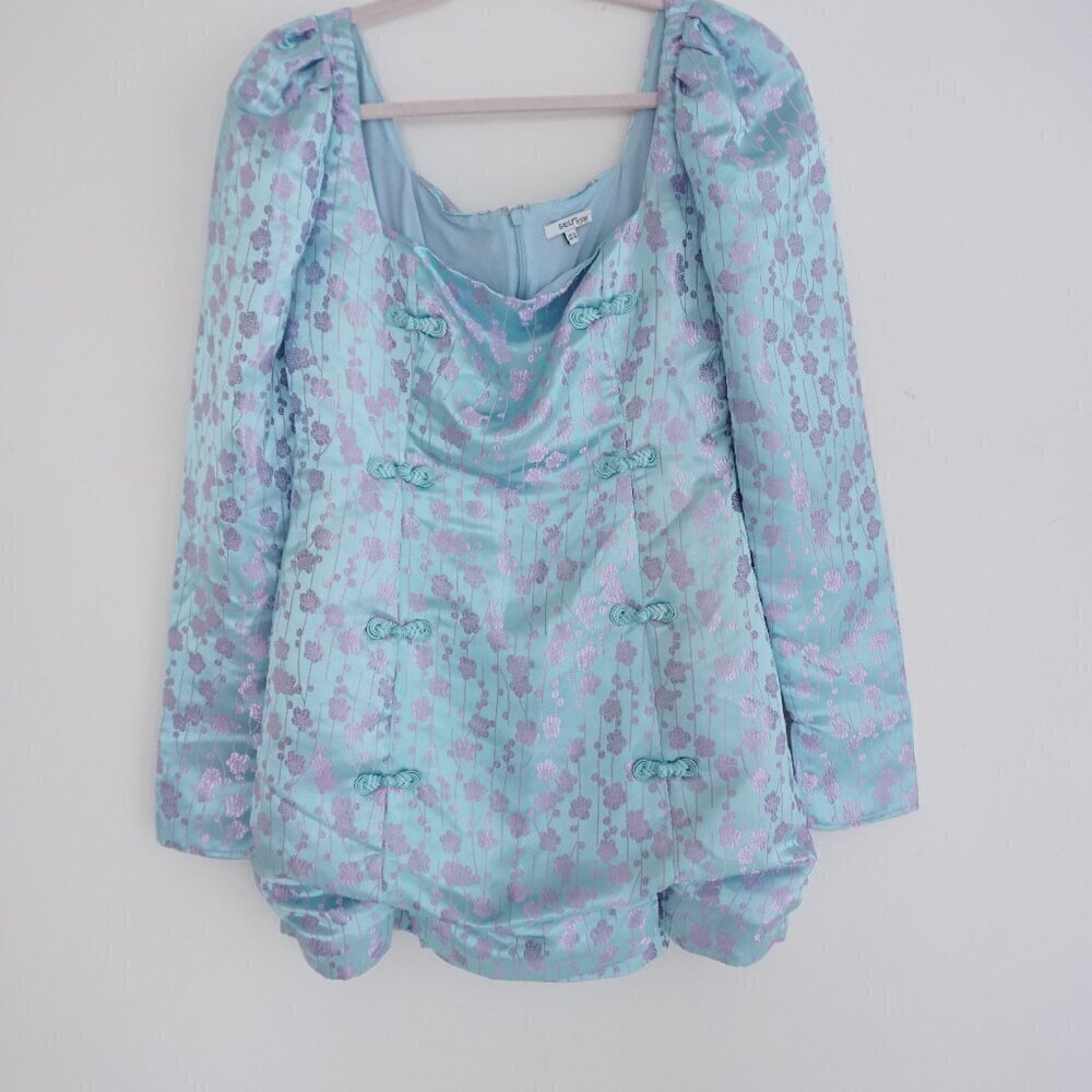 Sau Lee Jen Chinese Jacquard Blue w Purple Floral Mini Dress 6